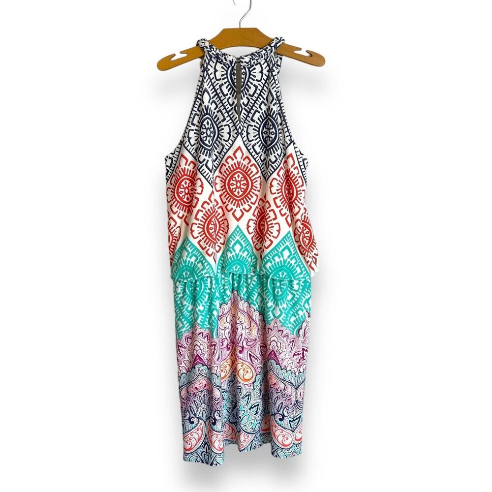 London Times Mini Dress Size 4 Halter Multicolor Geometric Paisley Bohemian Y2K - Picture 5 of 16